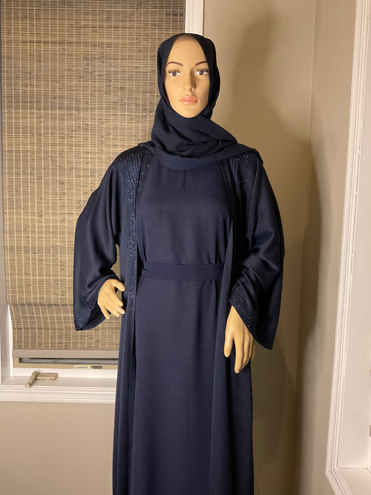 Studded Elegance Abaya Set - Navy