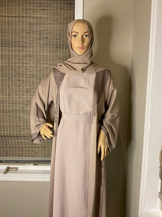 Studded Elegance Abaya Set - Taupe